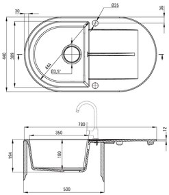 Deante Piva, granitový drez na dosku 780x440x194 mm Z/O, 3,5" + priestorovo úsporný sifón, 1-komorový, béžová, ZQI_511B