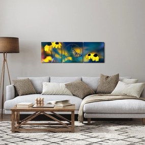 Obraz - Žltý motýľ s kvetmi (s hodinami) (90x30 cm)