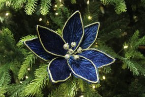Modrá zamatová vianočná ruža na štipci 18cm