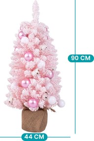 Snehový umelý vianočný stromček s ozdobami 90 cm ružový
