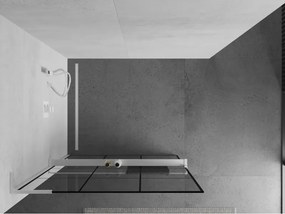 Mexen Kioto+ L, sprchová zástena Walk-In s poličkou a vešiakom 110 x 200 cm, 8mm číre sklo čierny vzor, biely profil, 800-110-123-20-77