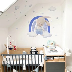 Nálepky na stenu pre chlapcov - Zajačik s dúhou, hviezdami a obláčikmi