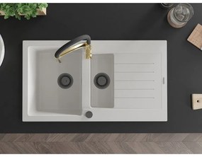 Mexen Matias, granitový drez 900x505x200 mm, 1,5-komorový a drezová batéria Aster, biela, 6502-20-73450-57-B