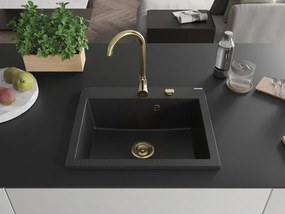 Mexen Elix, 1-komorový granitový drez 600 x 500 mm, čierna/strieborná metalíza, zlatý sifón - 6525601005-73-G
