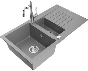 Mexen Matias, granitový drez 900x505x200 mm, 1,5-komorový a drezová batéria Carla, šedá, 6502-71-670700-00