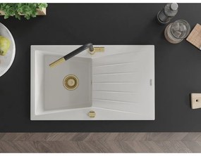 Mexen Cesar, 1-komorový granitový drez 775x470x190 mm a drezová batéria Flora, biela, 6514-20-670401-57-G