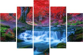 Obraz vodopádu v červenom lese (150x105 cm)
