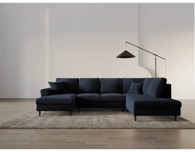 Tmavomodrá zamatová rozkladacia/s úložným priestorom rohová pohovka (pravý roh/do "U") Kyoto – Cosmopolitan Design