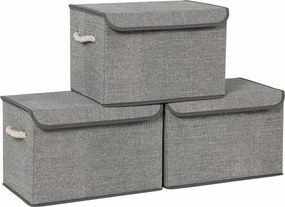 Úložné boxy s vekom, sada 3 ks, textilné, sivé