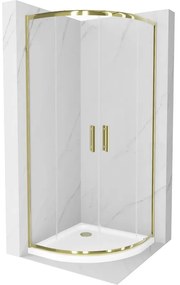 Mexen Rio, štvrťkruhový sprchovací kút s posuvnými dverami 80(dvere) x 80(dvere) x 190 cm, 6mm číre sklo, zlatý profil + biela sprchová vanička SLIM, 863-080-080-50-00-4110G