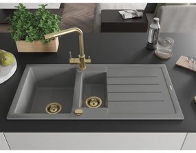 Mexen Andres, granitový drez 1000x500x200 mm, 1,5-komorový + zlatá batéria Duero, šedá, 6515-71-671600-50
