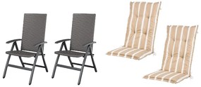 Livarno home Skladacie kreslo Valencia, 2 kusy, sivé + Podložka na kreslo s vysokým operadlom Valencia/Miami, 2 kusy, pruhy/béžová  (800010729)
