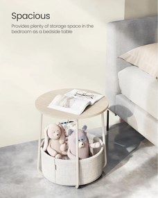 Príručný stolík, Malý okrúhly bočný stolík, s látkovým košom, krémová biela farba