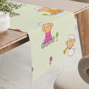 Biante Detský bavlnený behúň na stôl Sandra SA-729 Veselé ovečky na svetlo zelenom bodkovanom 35x160 cm