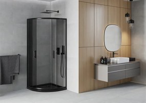 Mexen Rio, štvrťkruhový sprchovací kút s posuvnými dverami 80(dvere) x 80(dvere) x 190 cm, 6mm šedé sklo, čierny profil + čierna sprchová vanička SLIM, 863-080-080-70-40-4170B