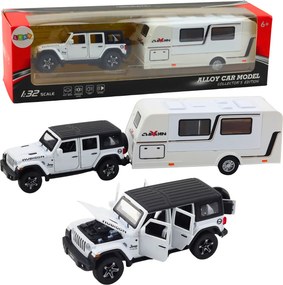 LEAN Toys Súprava: terénne auto, karavan, kovové, pohon, svetlá, zvuky, biela, 1:32