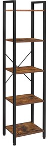 Regál na knihy, 5-úrovňový úložný regál s oceľovým rámom, rustikálny hnedý a čierny