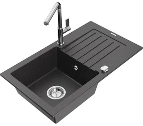 Mexen Pablo, 1-komorový granitový drez 752x436x161 mm a drezová batéria Flora, čierna škvrnitá, 6510-76-670401-00