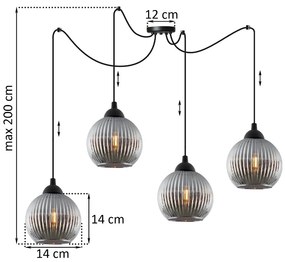 Závesné svietidlo Riffle Round Spider, 4x grafitové sklenené tienidlo