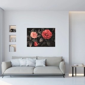 Obraz - Červené kvety na tmavom pozadí (90x60 cm)