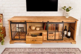 Priemyslený stolík pod TV s vitrínou z borovicového masívu Heritage 160cm