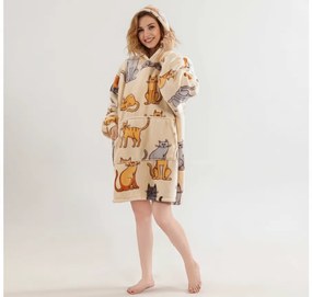 Baránková mikinová deka s rukávmi a kapucňou COLORED CATS krémová