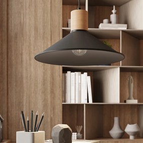 Závesné svietidlo Jaga, 1x čierne kovové tienidlo, drevo