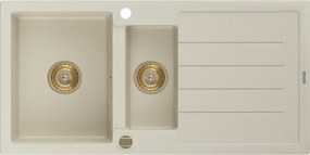 Mexen Andres, granitový drez 1000x500x200 mm, 1,5-komorový, béžová so zlatým sifónom, 6515101510-69-G