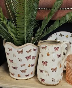 Béžový antik obal na kvetináč s motýlikmi Butterfly Paradise L - Ø 19*18 cm