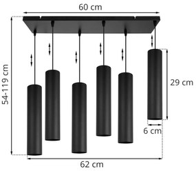 Závesné svietidlo Tuba, 6x čierne kovové tienidlo