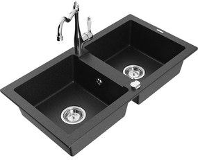 Mexen Mario, granitový drez 820x436x161 mm, 2-komorový a drezová batéria Carla, čierna-strieborná metalíza, 6504-73-670700-00