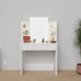 Biely toaletný stolík Zoey s LED zrkadlom a úložnými policam