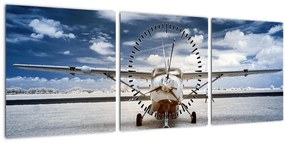 Obraz motorového lietadla (s hodinami) (90x30 cm)