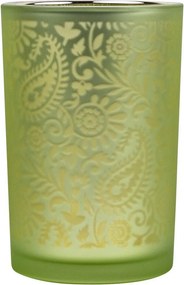Zeleno strieborný sklenený svietnik s ornamentami Paisley vel.L - Ø12*18cm