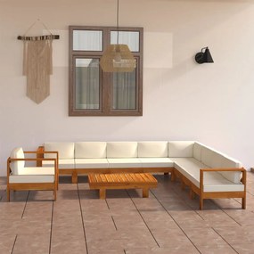 10-dielna záhradná sedacia súprava s krémovobielymi podložkami akáciové drevo