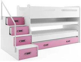 Detská poschodová posteľ s výsuvnou posteľou MAX I 80x200 cm - biela Ružová