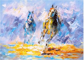 Sklenený obraz bežiacich koňov, olejomaľba (70x50 cm)