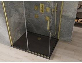 Mexen Omega, sprchový kút s posuvnými dverami 120 (dvere) x 80 (stena) cm, 8mm číre sklo, zlatý profil + slim sprchová vanička čierna + zlatý sifón, 825-120-080-50-00-4070G