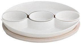 Sada 5 bielych servírovacích misiek z porcelánu na bambusovom podnose Brandani Plait