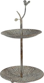 Zelenohnedý kovový dekoračný etažér s vtáčikmi Birdi - Ø 26*48 cm