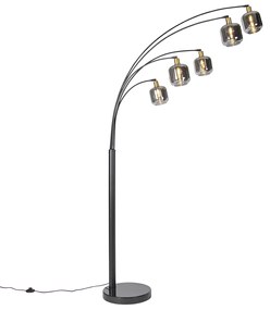 Stojaca lampa čierna so zlatom s dymovým sklom 5-svetlo - Zuzanna