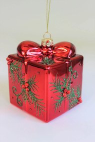 Červená sklenená vianočná ozdoba Darček 10cm