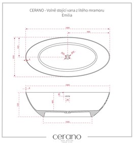 Cerano Emilia, voľne stojaca vaňa z liateho mramoru 180x85cm, biela matná, CER-CER-417536