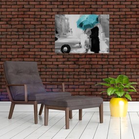 Sklenený obraz - Zamilovaný pár s dáždnikom, modrý (70x50 cm)