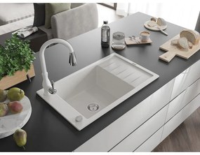 Mexen Elias, 1-komorový granitový drez 795x480x200 mm a drezová batéria Savita, biela, 6511-20-672601-20