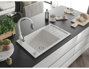 Mexen Elias, 1-komorový granitový drez 795x480x200 mm a drezová batéria Savita, biela, 6511-20-672601-20