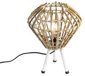 Rustikálna stolná lampa trojnožka bambus s bielou - Canna Diamond
