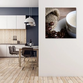 Obraz na plátně, Kávová zrna a šálek - 40x40 cm