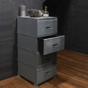 Sivá komoda s ratanovým dizajnom a 4 zásuvkami