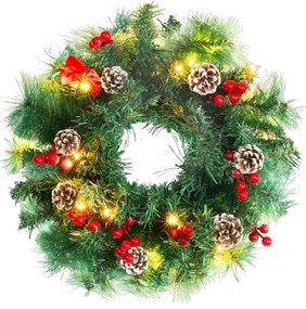 Veniec MagicHome Vianoce, prírodný, so šiškami, 20x LED, teplá biela, 3xAA, 8 funkcií, 30 cm